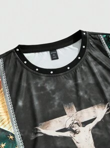 ROMWE MEN Street Life Men's Jesus Religious Printed Splice Streetwear Print Short Sleeve T-Shirt, Suitable For Everyday Wear, Spring/Summer - Black - View 4