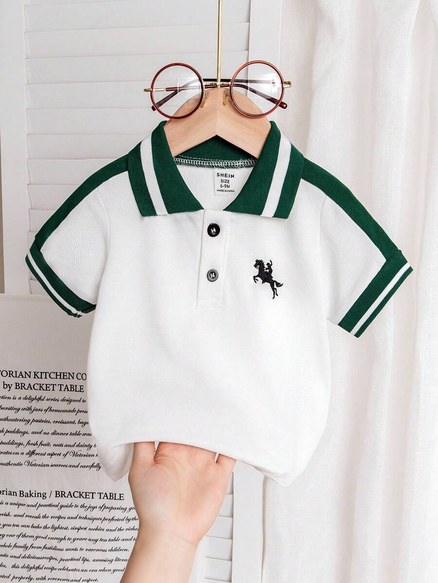 男婴 Polo 领撞色拼接衬衫,小马刺绣图案,绅士时尚绿色撞色领口和袖口设计,适合宝宝夏季外出 - 綠色 - 查看 1