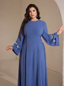 Veilorie 大码女式蝴蝶结装饰圆领喇叭袖优雅连衣裙 - 藍色 - 查看 5