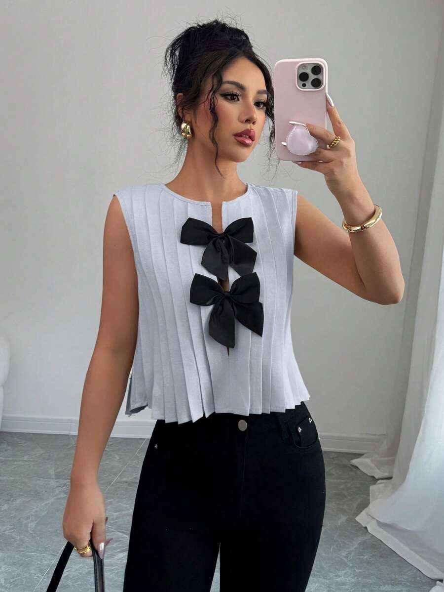 Elenzga Bowknot Decor Round Neck Pleated Sleeveless Elegant Blouse - Multicolor - View 1