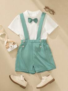 Souflis Souflis 2pcs/Set Toddler Boys Casual Gentleman Solid Color Bowknot Decor Stand Collar Short Sleeve Top & Solid Shorts Set