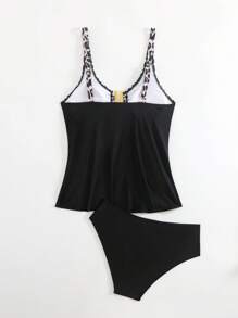 SHEIN LUNE 2 件豹纹拼布印花前中部面料设计女式吊带背心和比基尼套装 - 黑色 - 查看 6