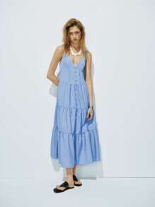 Lumivelle Women's Casual Solid Color Spaghetti Strap Dress, A-Line Silhouette, Suitable For Holiday, Elegant - Blue - View 1