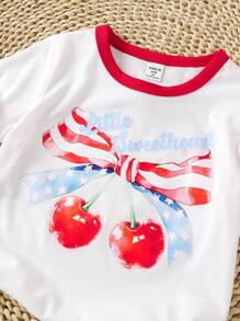 Young Girl Cherry Bow & Independence Day Print Patchwork T-Shirt - Red - View 5