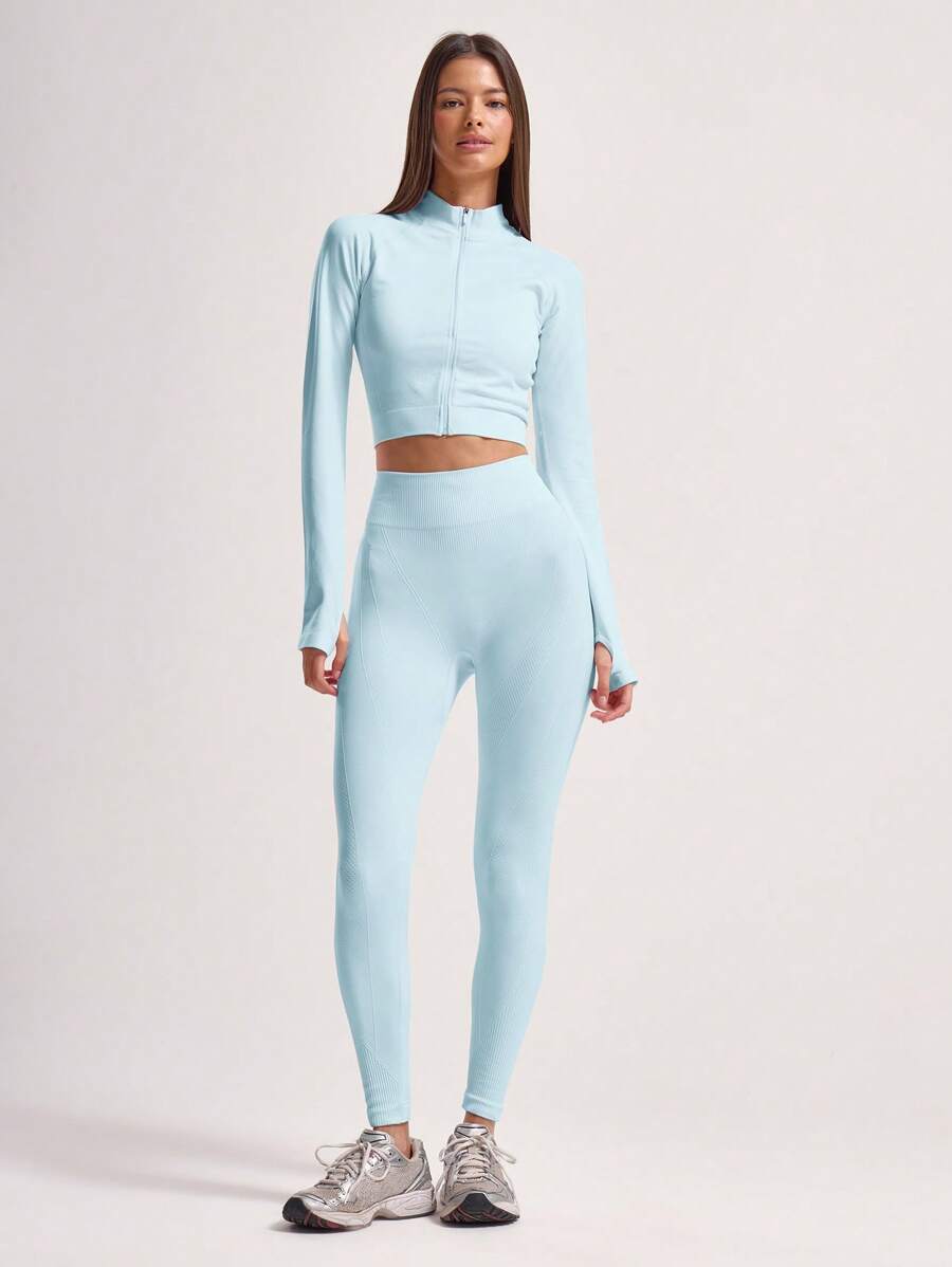 Musera Sport Ribbed Waist Seamless Sport Leggings Workout Summer Running Gym Yoga Daily Gym Fitness - Blue - View 1