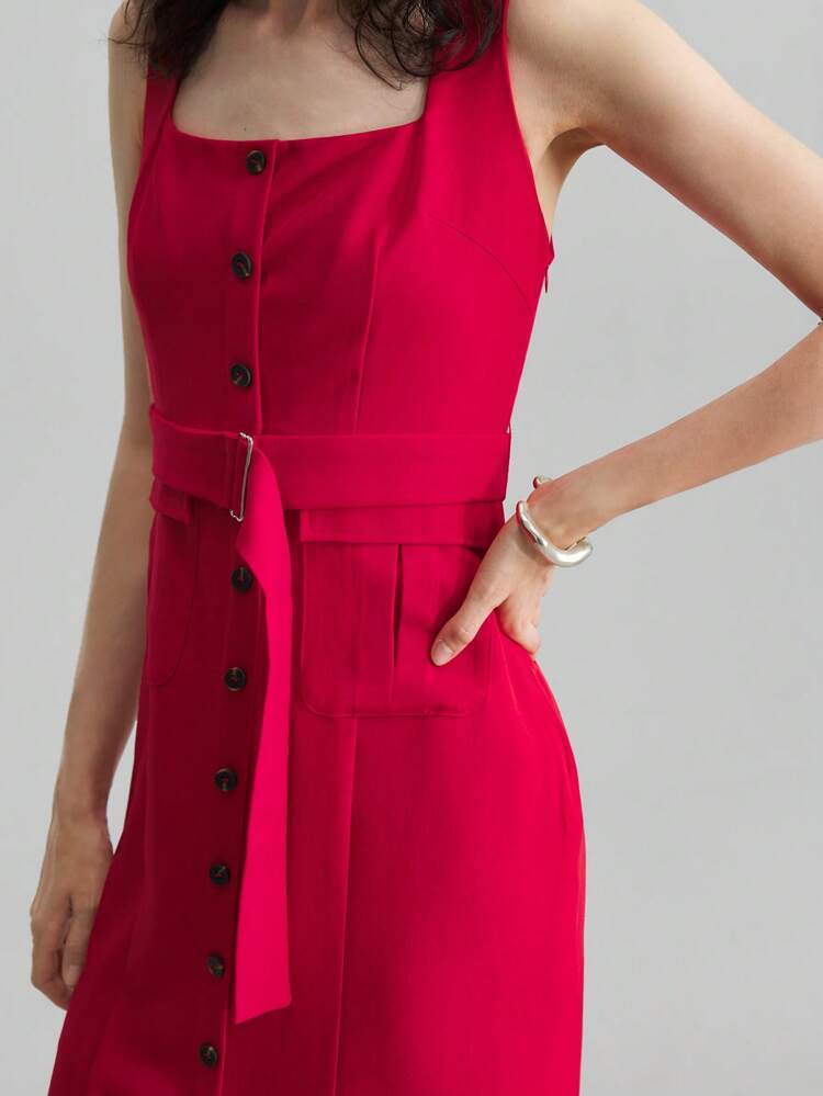 Women's Red Elegant Summer Office Square Collar Tank Dress,Casual Simple Front Buttons Ladies Graduation Vacation Beach Music Festival Teacher Outfit