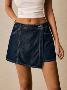 Poéselle Women Pockets Patched Denim Skort, Fashionable Summer Blue Country Concert Festival, Old Money, Business Casual Shorts - Dark Wash - View 6