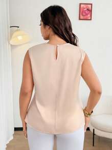 SHEIN Clasi Plus Size Draped Neck Pearl Button Accent Sleeveless Elegant Blouse - Apricot - View 5