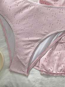 Swim Mod 女士 3 件套夏季海滩可爱纯色针织提花面料上衣，交叉胸围，双层蛋糕迷你裙，侧面蝴蝶结，泳衣 - 粉色 - 查看 4