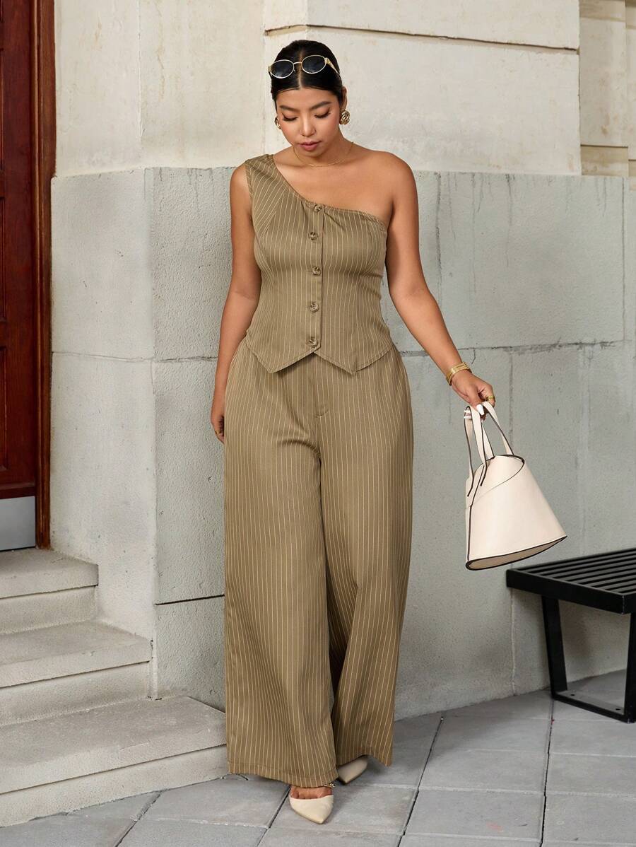 SHEIN LUNE Plus Size Women Casual Beige Striped Asymmetric Asymmetric Neck 2 Pieces Set - Brown - View 1