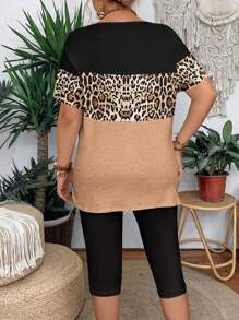 Áo thun tay ngắn cổ tròn họa tiết da báo phối màu mùa hè và quần legging 2 món trang phục cỡ lớn cho nữ, thường ngày - Nhiều màu - Xem 2