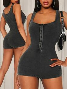 SHEIN SXY Women's Black Knitted Sleeveless Unitard With Square Neckline And Button Front Detail