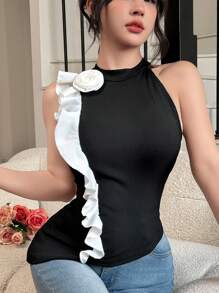 Modelyn Women's Knitted 3D Floral Patchwork Slim Fit Elegant Top, Korean Style