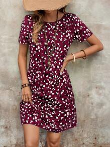 EMERY ROSE Women All-Over Print Round Neck Short Sleeve Pocket Casual Mini Dress Summer Dresses For Women - Red - View 3
