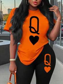 Maweii Conjunto de 2 piezas para mujer talla grande - Camiseta de manga corta y pantalones con estampado de naipes - Multicolor - Ver 3