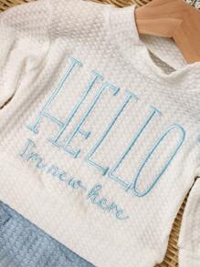 SHEIN 男婴“Hello”字母刺绣摄影服装套装，包括上衣、裤子和帽子，婴儿 1 个月 - 100 天影楼服装 - 彩色 - 查看 8