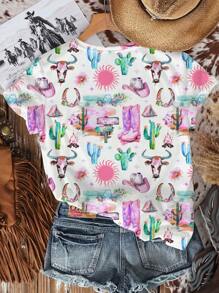 SHEIN EZwear Casual Minimalist Boho Style, Music Festival, Colorful Graffiti Print Round Neck Loose Fit Women T-Shirt Suitable For Going Out - Multicolor - View 2