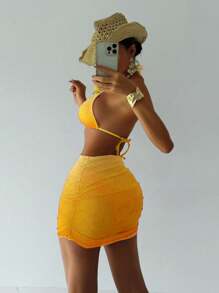 Swim SXY Conjunto de 3 piezas de bikini elegante, dulce y sexy con degradado y falda de gasa para traje de baño - Amarillo - Ver 2