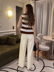 Pariaura 年轻时尚简约法式黑白条纹圆领不对称下摆金属扣修身针织休闲/通勤/度假套头衫，百搭罗纹针织，适合春夏秋季 - 彩色 - 查看 3