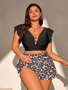 SHEIN Swim Curve 加大码女式豹纹印花随机花卉宽松收腹分体泳衣 - 黑色 - 查看 5