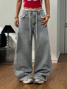 Coolane Quần Jeans Ống Rộng Jeans Cargo Denim Thu/Đông Có Dây Rút Giặt - Màu xanh lam - Xem 4