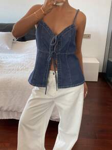 Livesso 女士休闲百搭系带牛仔吊带背心 - 中等水洗藍 - 查看 2