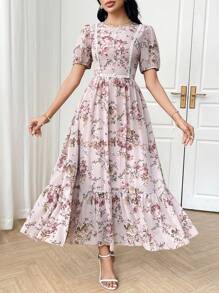 Modelyn Crew Neck Cinched Waist Flared Chiffon Floral Print Dress - Pink - View 6