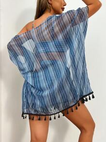 SHEIN Swim 4pcs Geometric Print Ruched Front Swimsuit Top, Geometric Pattern Bikini Bottom, Multi-Color Tasseled Cardigan And Tasseled Shorts Swimsuit Set For Carnival, Summer - Grey - View 2