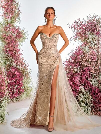 Glamrae 优雅奢华珍珠和亮片网眼拼布手工水钻装饰露肩紧身胸衣侧高开叉美人鱼尾飘逸拖尾正式晚礼服、派对礼服，适合婚礼宾客