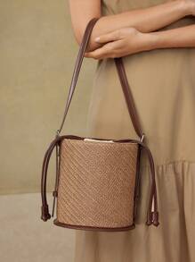 MOTF PREMIUM Bolso de hombro con cordón de parchwork de piel sintética (PU) - Marrón - Ver 5