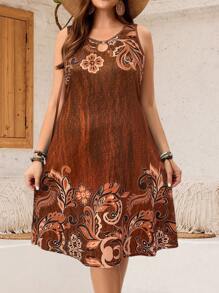 EMERY ROSE Plus Size Blue Floral Print Dress, Fashionable Summer Style,Sun Dresses For Women - Rust Brown - View 3