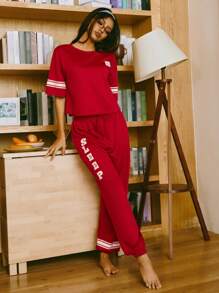 休闲宽松字母印花女士睡衣套装，睡衣 - 酒紅色 - 查看 6
