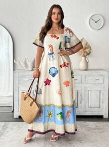 SHEIN Clasi Women's Plus Size Beige Summer Boho Tropical Resort Ocean Printed Square Neck Ruffle Sleeve Dress,Vacation Holiday Sun Dress Clothing - Multicolor - View 1