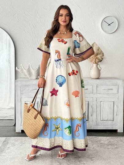 SHEIN Clasi Plus Size Tropical Resort Ocean Element Printed Square Neck Ruffle Sleeve Dress Women Plus Sun Dress Women Summer Clothing Woman S Summer Clothes Work Summer Dresses