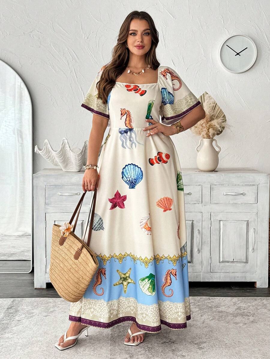SHEIN Clasi Women's Plus Size Beige Summer Boho Tropical Resort Ocean Printed Square Neck Ruffle Sleeve Dress,Vacation Holiday Sun Dress Clothing - Multicolor - View 1