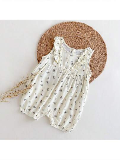 Loomiva Baby Girl Floral Print Round Neck Ruffle Hem Sleeveless Romper
