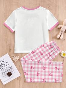 SHEIN Young Girls Casual Sweet Pink Bowknot Fitted Round Neck Short Sleeve Top And Plaid Pattern Pink Bowknot Pants 2-Piece Pajama Set, Suitable For Summer