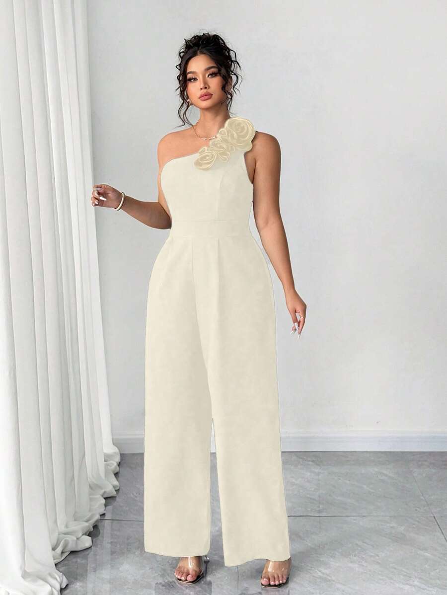 SHEIN Unity Plus Size Women Elegant Woven Oblique Shoulder 3D Flower Decor Black Fitted Jumpsuit, Valentine Love/Lover Heart Design