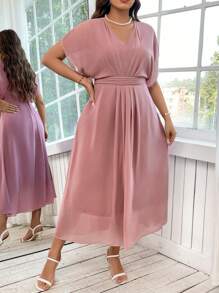 Reflora Plus Size Elegant Solid Color V-Neck Batwing Sleeve Dress, Summer - Dusty Pink - View 6