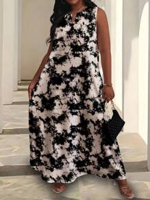 Maweii Plus Size Women's Fashion Ink Tie-Dye Pattern V-Neck Sleeveless Loose Dress, Summer - Multicolor - View 3