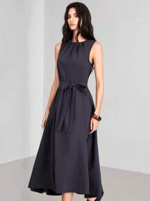 LYSMO Tiefgraues Damen Kleid mit Kordelzug Taille - Grau - Übersicht 4