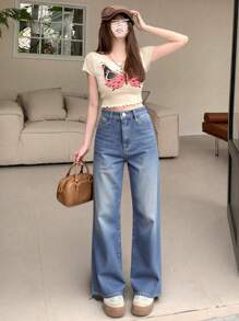 DAZY Women's Simple Casual Straight Leg Front Button Multi-Pocket Jeans