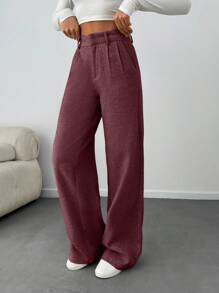 SHEIN Tall Women Solid Color High Waist Wide Leg Pants - Burgundy - View 4