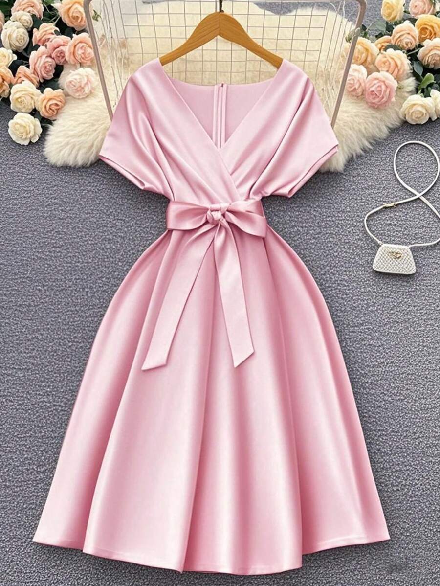 Franclia Women's Apricot Deep V-Neck Waist Tie-Up Satin Mid-Length Dress, Spring/Summer - Pink - View 1