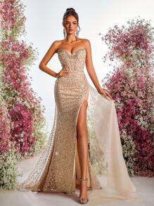 Glamrae 优雅奢华珍珠和亮片网眼拼布手工水钻装饰露肩紧身胸衣侧高开叉美人鱼尾飘逸拖尾正式晚礼服、派对礼服，适合婚礼宾客 - 香檳色 - 查看 5