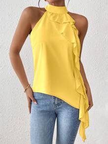 SHEIN Clasi 女士度假纯色拼接荷叶边挂脖衬衫 - 黃色 - 查看 6