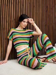 SHEIN Unity Women 2pcs Set Contrast Color Striped Knitted Top And Pants, Leisure Vacation Style - Multicolor - View 1