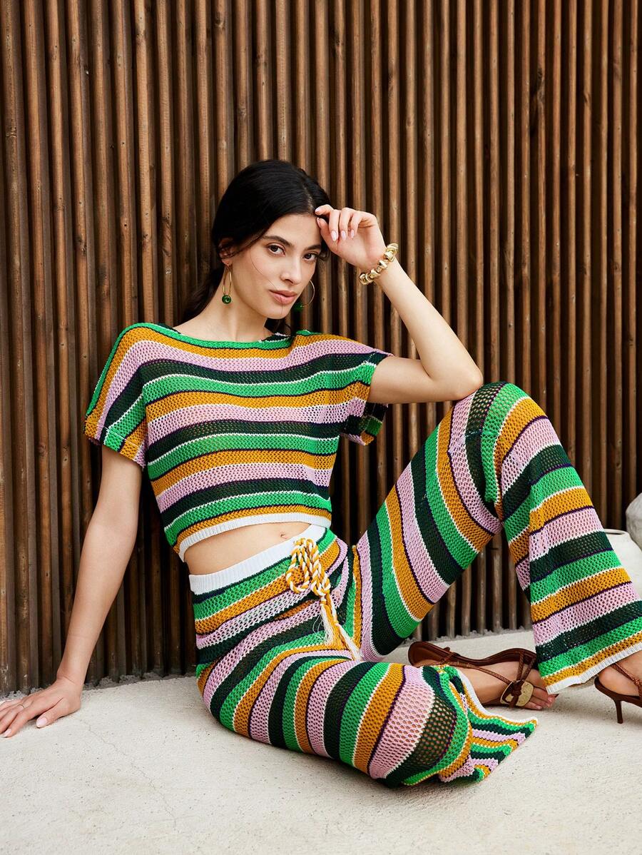 SHEIN Unity Women 2pcs Set Contrast Color Striped Knitted Top And Pants, Leisure Vacation Style - Multicolor - View 1
