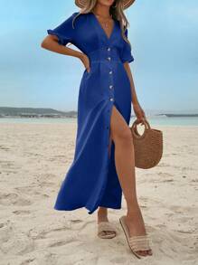 EURMUSE Solid Color Ruffle Trim Dress For Women, Button Front - Blue - View 5