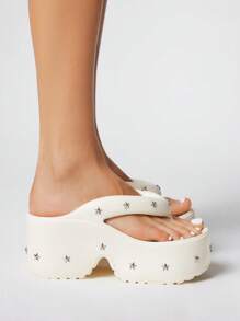 ROMWE Grunge Punk Women's White Punk Rock Studded Open Toe Gothic Roman Beach Flip Flops, Summer, Halloween - White - View 4